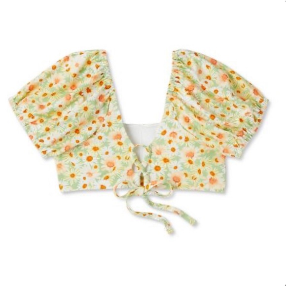 NWT WILD FABLE WOMENS BIKINI TOP PUFF SLEEVE GREEN FLOWER PRINT - Picture 3 of 7
